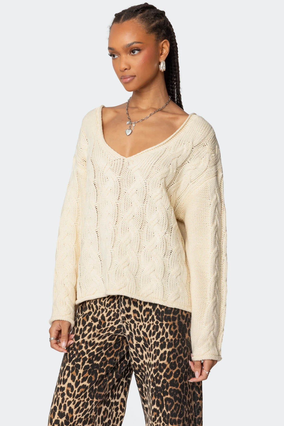 Oversized Knit V-neck Cable Sweater