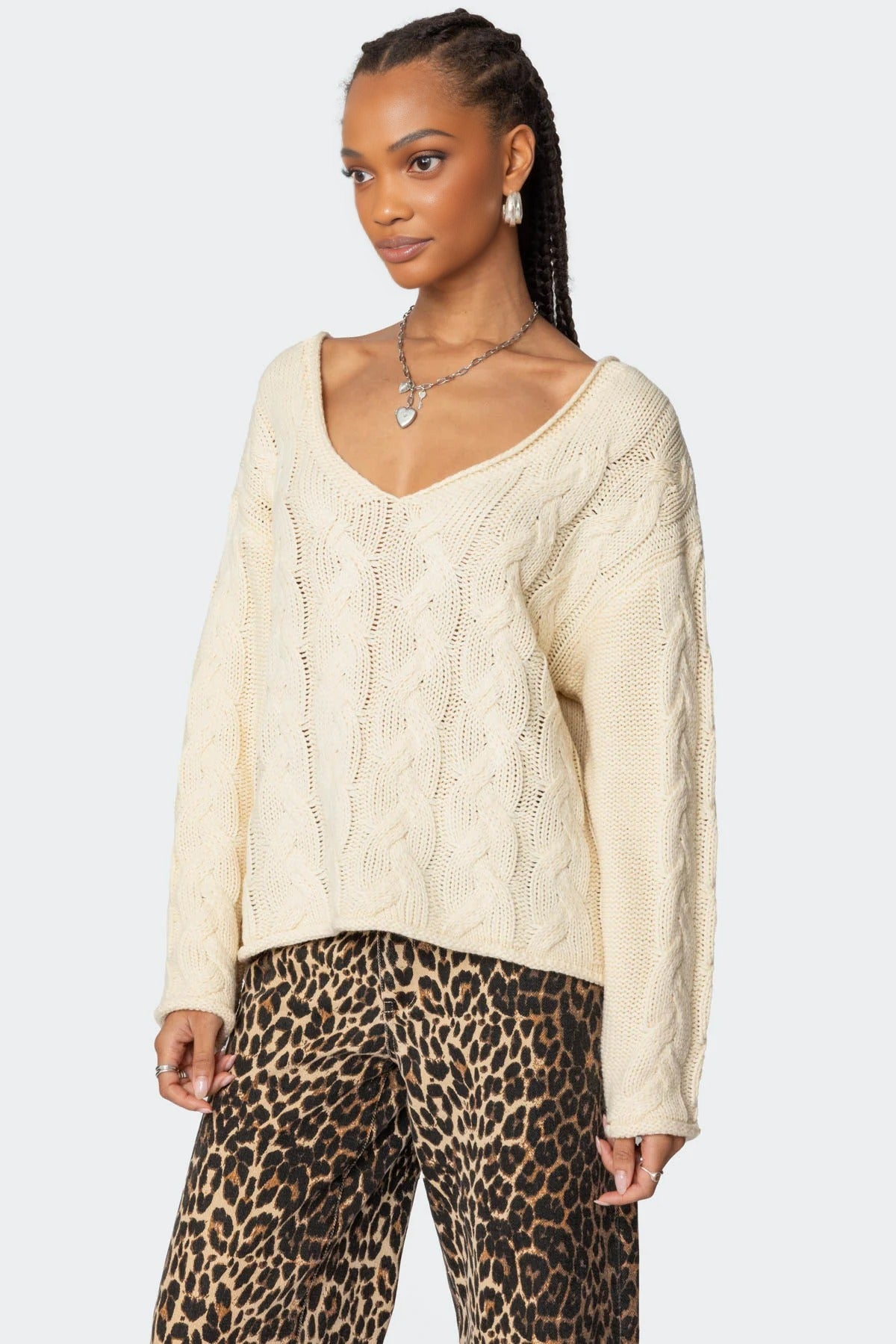 Oversized Knit V-neck Cable Sweater